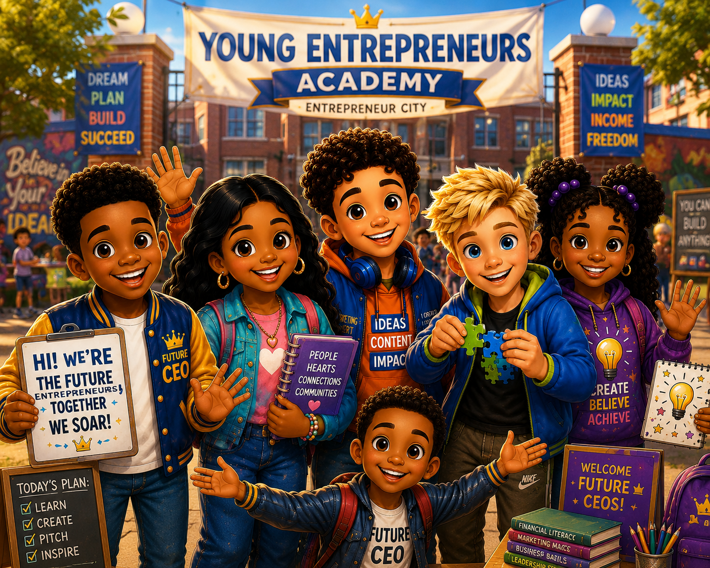 Meet the Young Entrepreneurs Academy characters: KarSyn, Taylor, Brodie, Carter, and Kevarri in Entrepreneur City