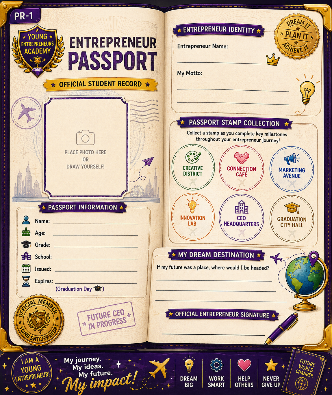 Entrepreneur Passport page — Official Student Record with passport stamps
