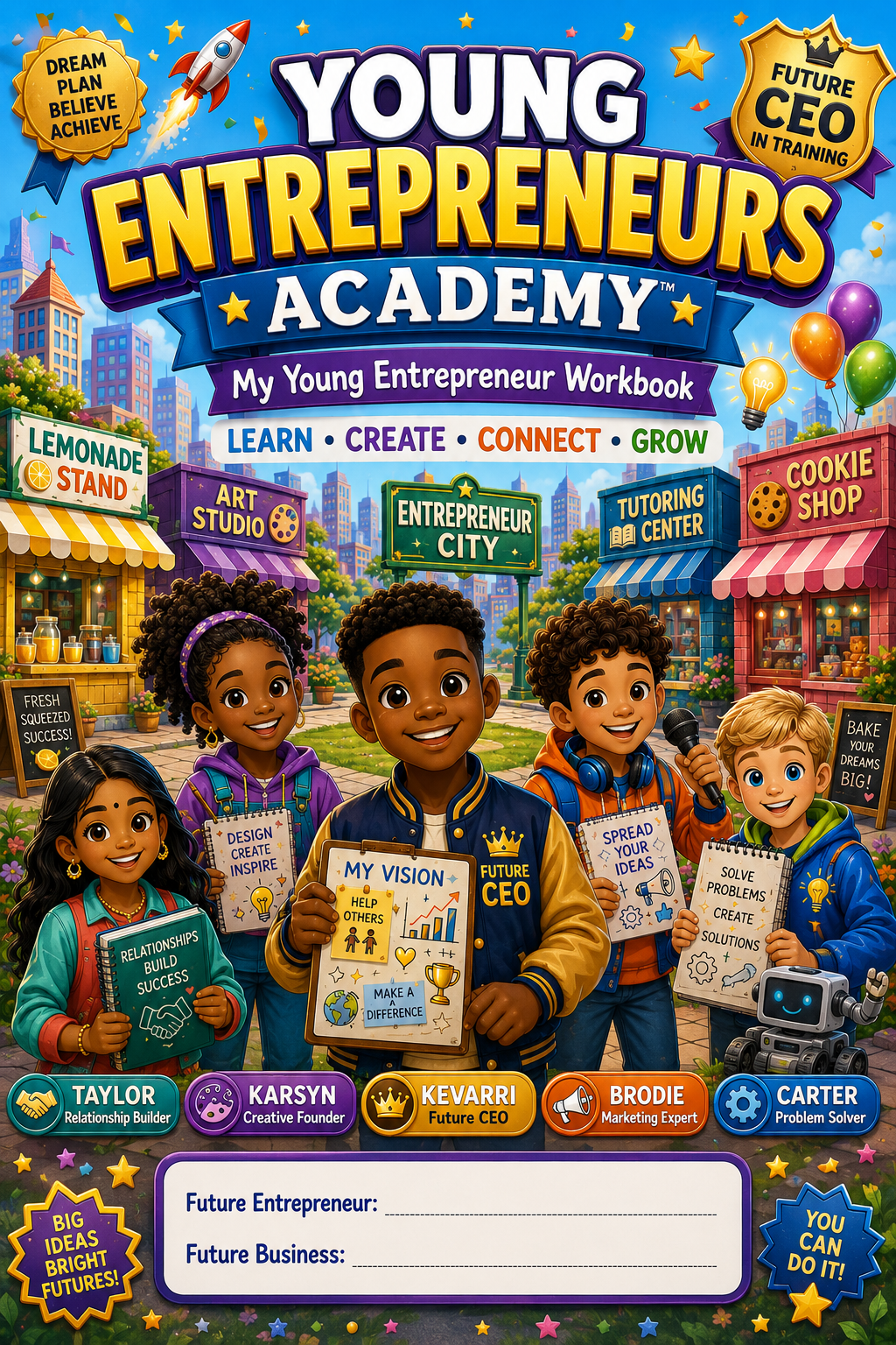 Young Entrepreneurs Academy Workbook Cover — Taylor, KarSyn, Kevarri, Brodie, and Carter in Entrepreneur City