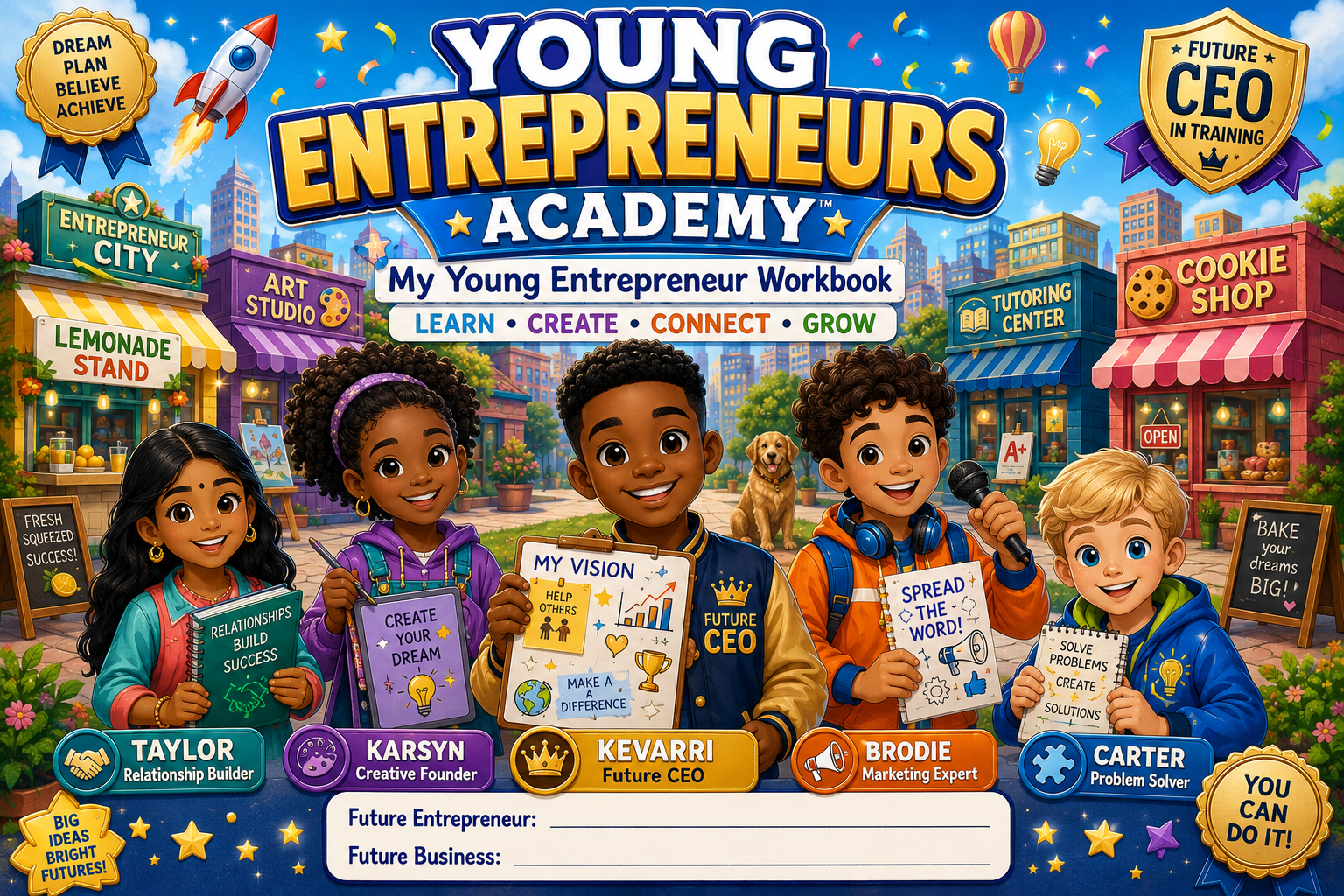 My Young Entrepreneur Workbook cover — Young Entrepreneurs Academy featuring Taylor, KarSyn, Kevarri, Brodie and Carter in Entrepreneur City