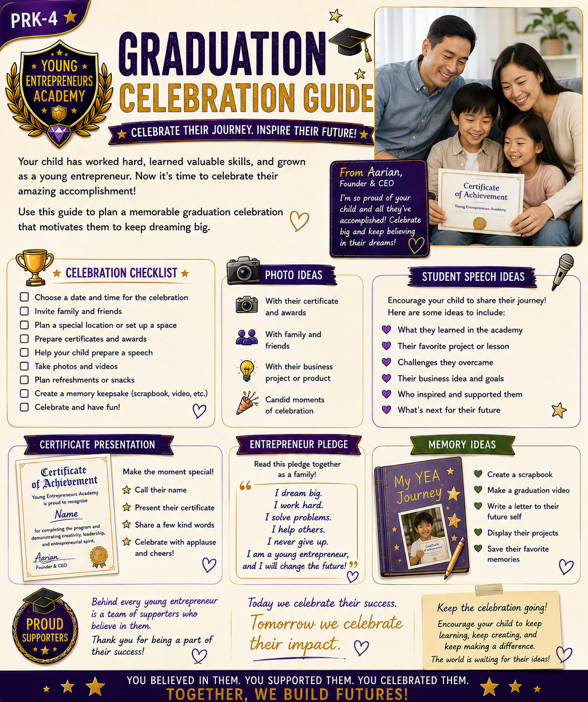 Graduation Celebration Guide — Celebrate Their Journey, Inspire Their Future with certificate, entrepreneur pledge, and memory ideas