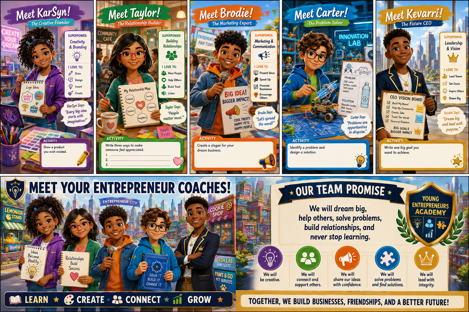 Meet the Young Entrepreneurs Academy characters: KarSyn, Taylor, Brodie, Carter, and Kevarri in Entrepreneur City