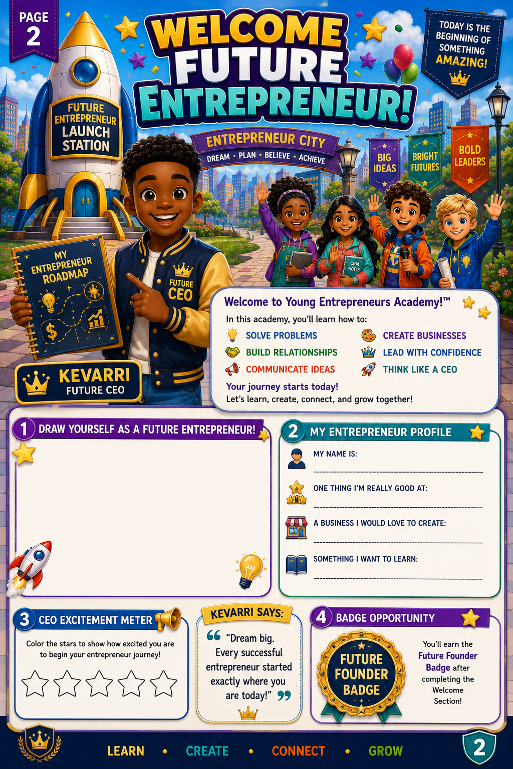 Inside the workbook — Welcome Future Entrepreneur page with characters