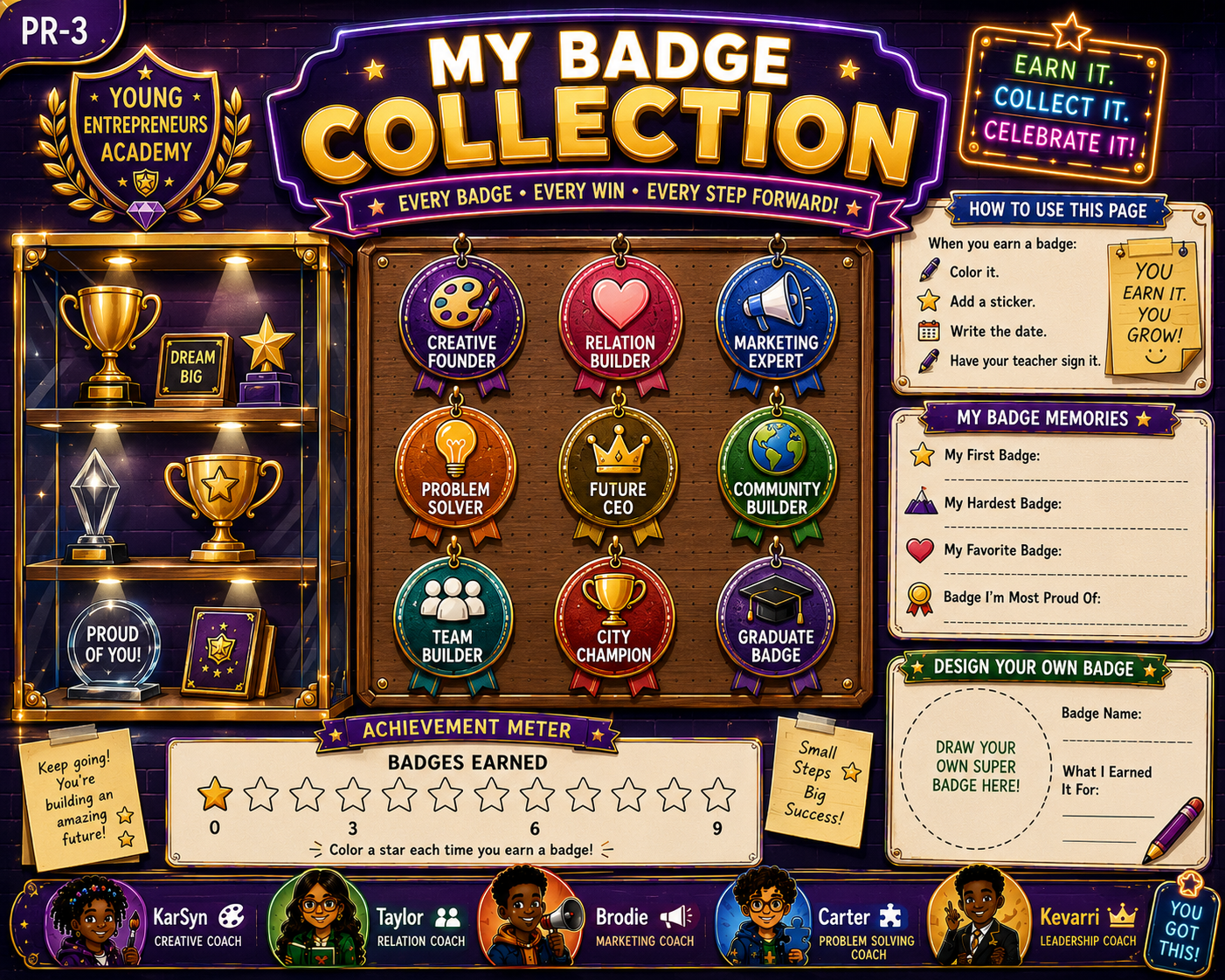 My Badge Collection — Creative Founder, Relation Builder, Marketing Expert, Problem Solver, Future CEO, Community Builder, Team Builder, City Champion, Graduate Badge