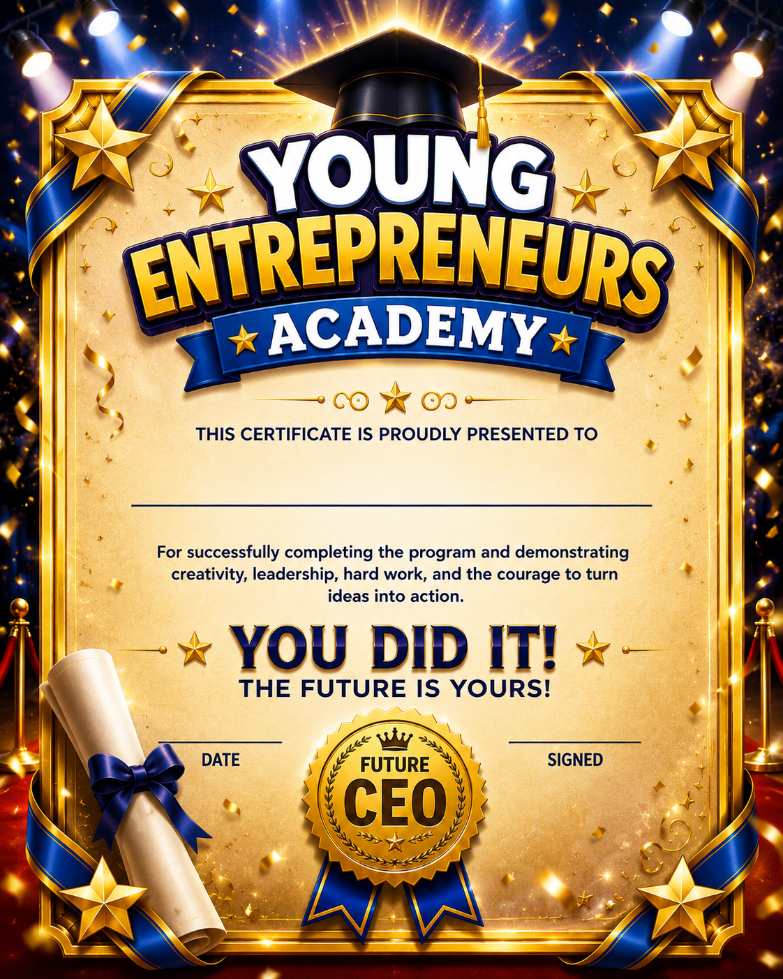 Young Entrepreneurs Academy Graduation Certificate — You Did It! The Future Is Yours!